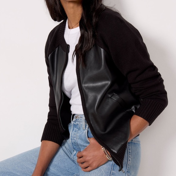 Evereve Sweaters - NEW Evereve Harlow Bomber Cardigan Medium Full Zip Faux Leather Panel Black